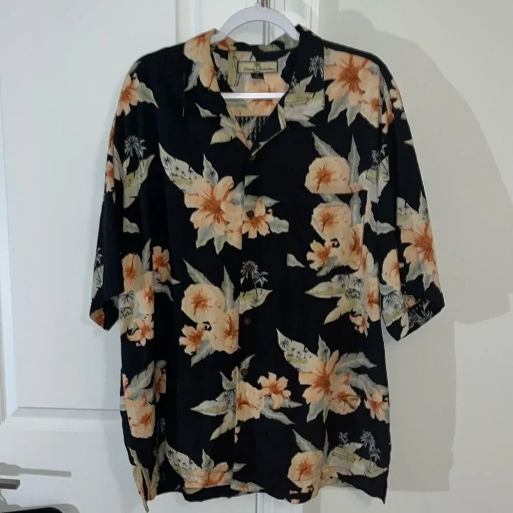Men's Tommy Bahama 100% Silk SS Button XL Black Aloha Luau Shirt Hawaiian 🌺